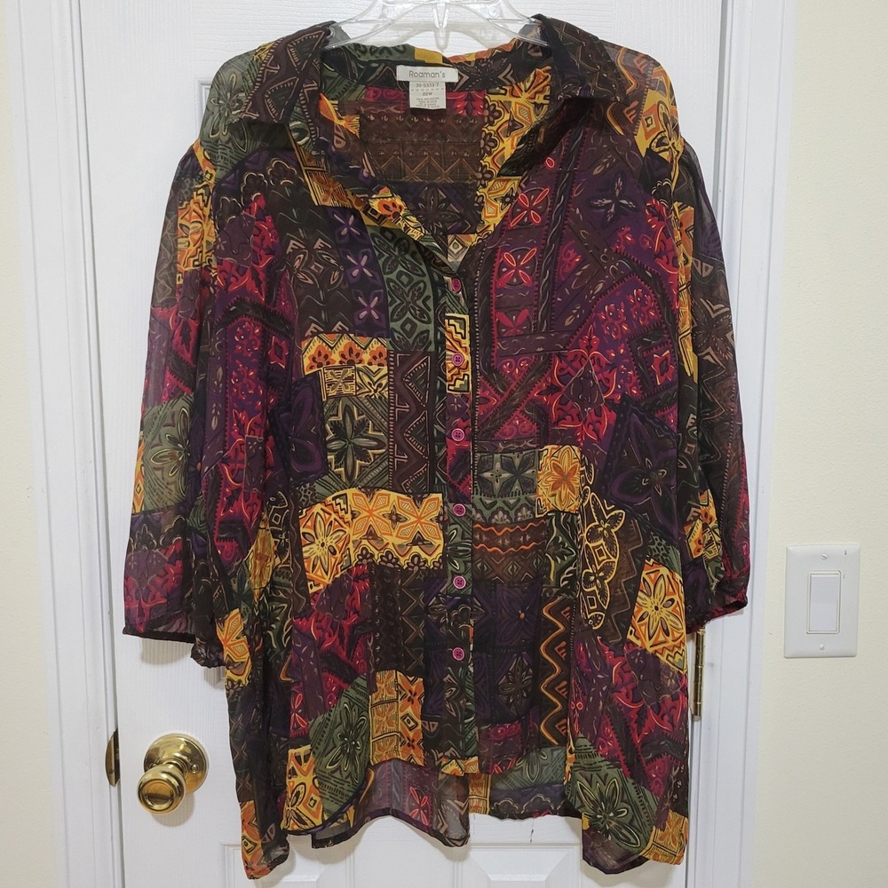 Roamans Womens 22W Blouse Sheer Chiffon Patchwork Geometric Print 3/4 Sleeve Top
